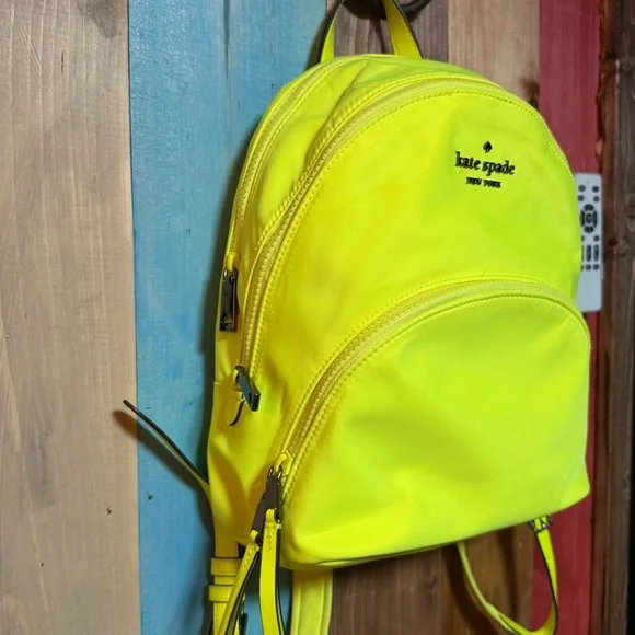 Kate Spade Neon Yellow Mini Backpack | Nylon Leather Trim | Bold Statement BAG - Picture 3 of 11